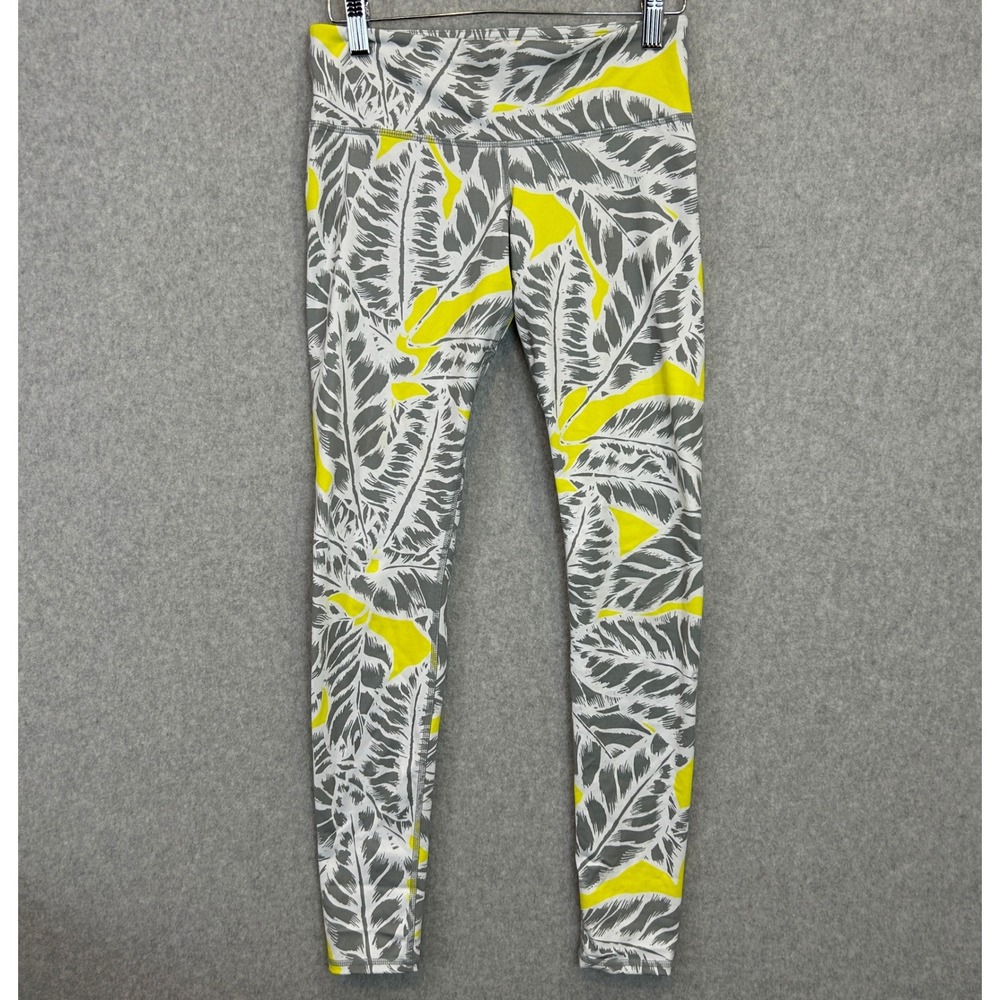 Alo Yoga Size XS Leggings Gray Yellow Tropical Palm Leaf Print Workout Athletic